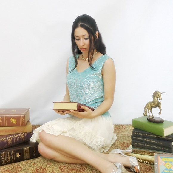 Vintage Tops - Sequin Tank Top - Aqua Blue - Med